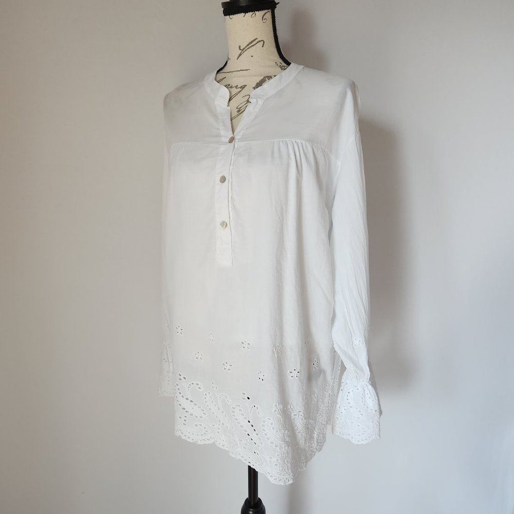 NWT Civico 51 Made in Italy Lace Trim Cotton Tunic Popover Top Long Seeve White